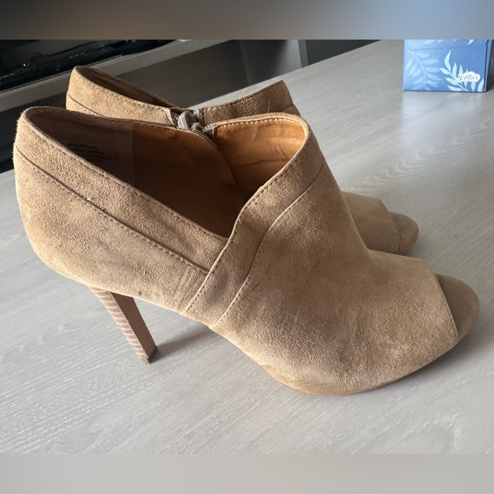 Audrey Brooke Tan Suede Peep-Toe Heel Booties
